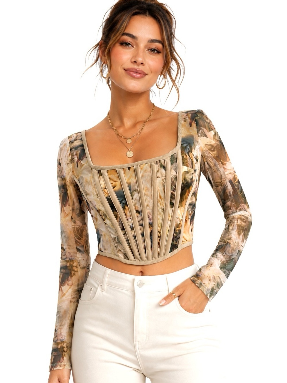 PrettyLittleThing size 6 Renaissance Print Mesh Corset Top Victorian coquette